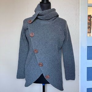 90s chic grey cowl neck asymmetrical chunky knit sweater